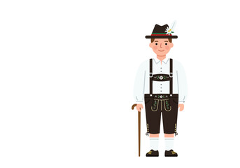 Man in Traditional Bavarian Lederhosen Outfit with Hat and Cane