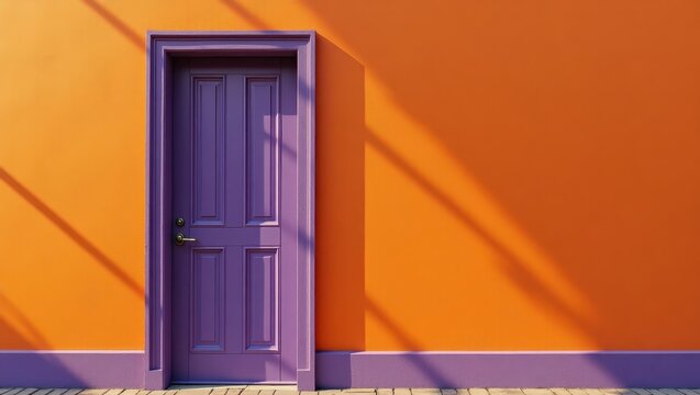 A vibrant purple door stands out against an orange wall, casting dramatic shadows.