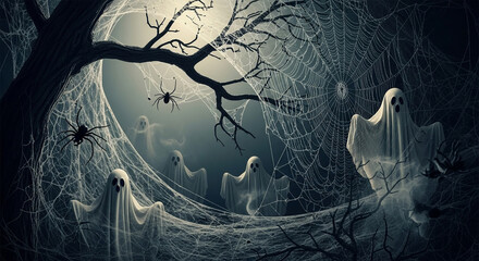 A spooky halloween night scene with ghosts emerging from the darkness, surrounded by spider webs and silhouetted trees under the moonlight, creating an eerie atmosphere