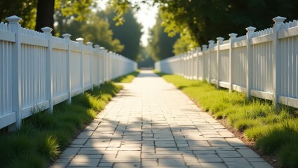 A sunlit walkway lined with a pristine white picket fence, bathed in the gentle glow of morning light.
