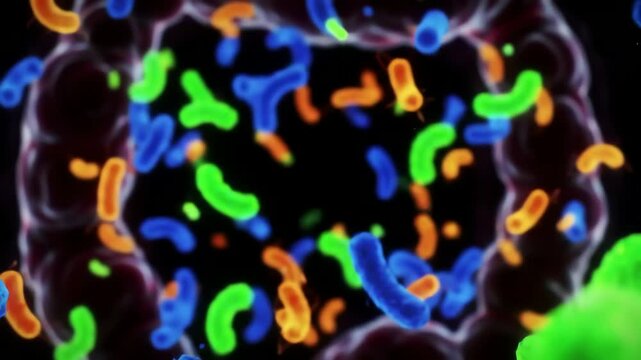 A breathtaking wide-to-macro transition captures gut microbiome diversity: trillions of bacteria glowing in neon-coded fluorescence, forming shifting constellations across intestinal walls