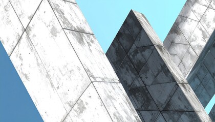 Modern, textured concrete structures meet against a clear sky, showcasing a complex geometric design.