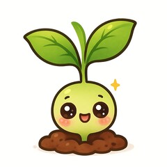 Obraz premium Adorable cartoon seedling with big eyes and green leaves emerging from soil