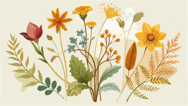 Vector art of watercolor floral bouquet with various flowers and leaves, a botanical illustration for spring and summer, perfect for wedding invitations and cards