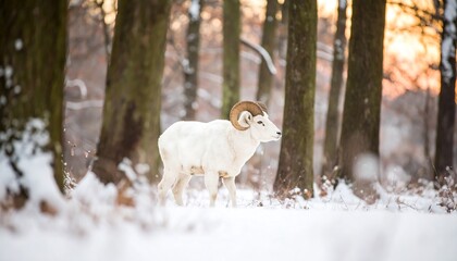 A magnificent, snow-covered mountain ram, with large spiral horns, gracefully strolls through a winter forest bathed in golden sunlight.