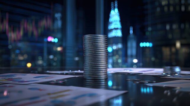 Stack of coins on a desk with financial charts and cityscape background - Powered by Adobe