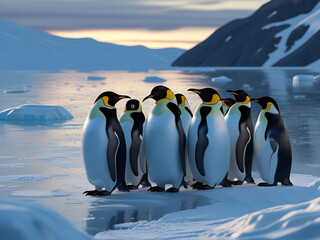 Obraz premium A flock of black and white emperor penguins with yellow markings gathers on the Antarctic ice.
