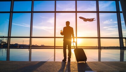 Traveler's Journey Silhouette at Airport, Watching Plane Take Off at Sunset