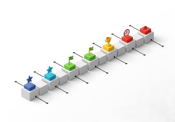 Colorful miniature trophies lined up on a white platform with black stakes