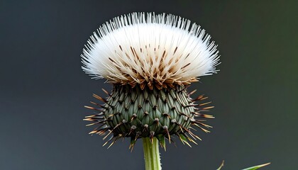 A detailed close-up showcases a spiky thistle flower head, with soft, fluffy white seed-heads, against a muted gray-green backdrop.