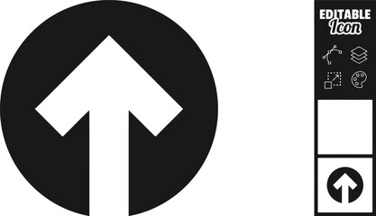Black and white graphic of a large upward pointing arrow inside a black circle next to a sign