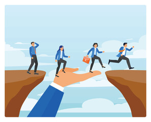 Obraz premium Support or help concept to solve problem, giant hand help business people cross the problem gap.