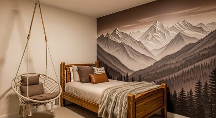 Cozy Bedroom with Mountain Mural and Hanging Chair.