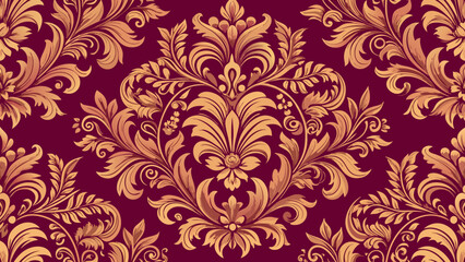 Fototapeta premium Vector art of elegant gold damask pattern background on maroon with floral design and decorative ornament for vintage wallpaper and textile print