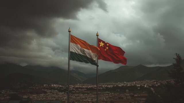 Diplomatic relations india and china flags urban setting cultural symbolism overcast sky elevated perspective