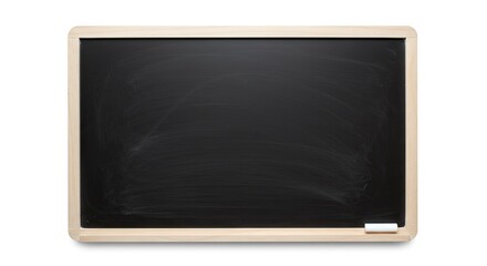 Chalkboard with a light wood frame and a piece of white chalk on the bottom ledge