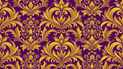 Fototapeta premium Vector art of seamless damask pattern with floral ornament in gold and purple color, a vintage decorative design for wallpaper, textile, fabric and elegant backdrop