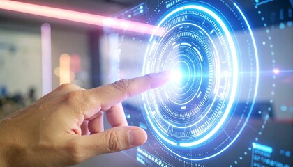 Futuristic concept of human-computer interaction with a finger touching a glowing blue circular digital interface
