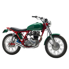 Classic motorbike built from colorful parts and metal frames, vintage style, isolated on white background for design and creative projects.