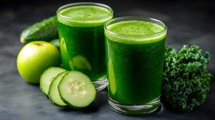 Two refreshing glasses of vibrant green juice sit among fresh ingredients like kale, cucumber, and green , suggesting healthy eating and wellness drink.