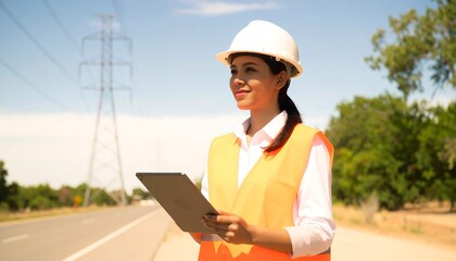 Female electrical engineer in a hard hat using a digital tablet for an on-site inspection of a high-voltage power grid