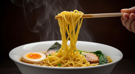 Steaming Ramen Noodles Lifted by Chopsticks on Dark Background