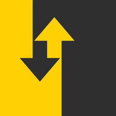 Two arrows are directed in different directions. Template comparison black and yellow  line design. In and Out. Glyph icon isolated on yellow background. Vector illustration flat style.