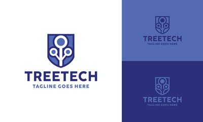Tree Tech Shield Logo Design technology Symbol Graphic Vector
