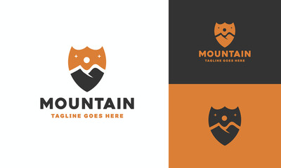 Mountain Shield Logo Design silhouette hill adventure Graphic Vector