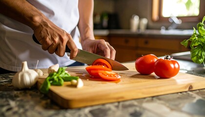 Close-up of a person's hands chopping fresh ripe tomatoes on a wooden cutting board in a bright kitchen