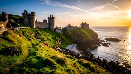 Obraz premium Coastal Castle Sunset Panorama