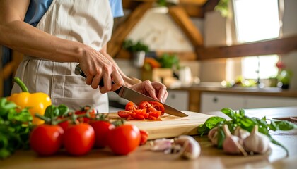 Preparing a healthy and delicious meal at home, slicing fresh ripe tomatoes on a wooden cutting board in a rustic kitchen