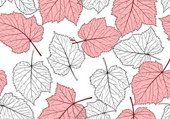 Obraz premium Repeating pattern of delicate hand drawn autumn leaves with subtle pink accents for textile and wallpaper designs