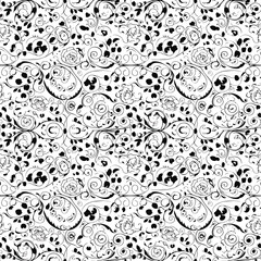 Seamless Pattern, Intricate floral pattern with roses, leaves, and swirls in a seamless black and white design Stock royalty free image.