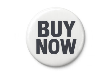 White round button displaying bold black buy now text, signaling purchasing impulse against transparent backdrop