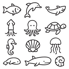 Sea Animals Icon Set Vector
