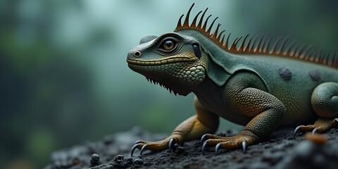 Iguana perches on rocky surface: Alert gaze