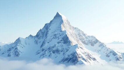 Obraz premium A majestic snow-capped mountain peak, piercing the light-filled sky, stands proudly above a landscape of swirling clouds.