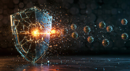 Powerful light bursts through a shattered shield, representing robust immunity, strong defense, and the triumph over viral threats and challenging obstacles