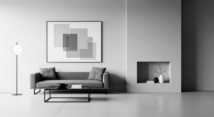 Minimalist Living Room with Abstract Art, Modern Furniture, and Subtle Lighting