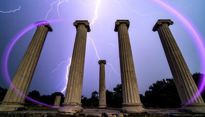 Majestic ancient columns stand tall against a dramatic sky filled with vibrant lightning, framed by a swirling purple halo.