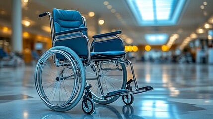 Obraz premium Empty Wheelchair in Modern Hospital Lobby.