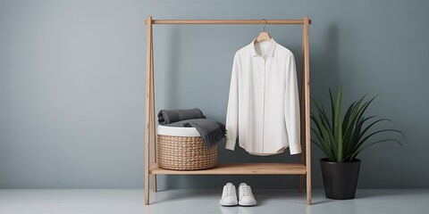 Modern Hallway with Wooden Rack and Hanging White Shirt