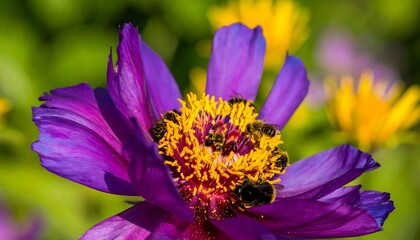 Vibrant purple flower petals, detailed close-up, showcase a cluster of busy bees collecting nectar from the flower's golden center.