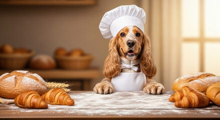 Cocker Spaniel dog chef in bakery with fresh bread and croissants on countertop. Adorable dog in chef attire excitedly poses with baked goods. For advertising culinary studio