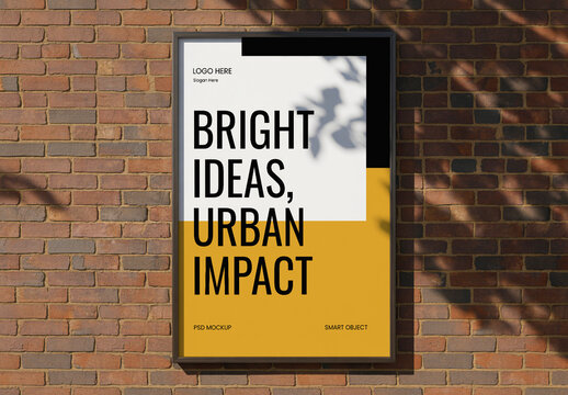 Urban Poster Mockup Hanging on Brick Wall