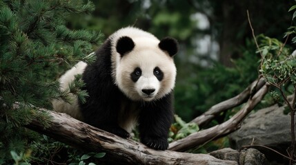 Fototapeta premium Adorable Giant Panda Walking on Log Surrounded by Greenery