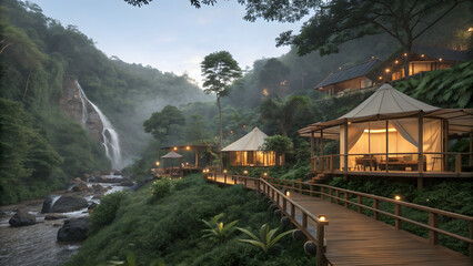 Luxury Glamping Safari Tents and Bamboo Cabins in Jungle. Hidden tropical glamping site with safari tents, bamboo cabins, wooden walkways, lush greenery, and warm lighting near jungle waterfalls.