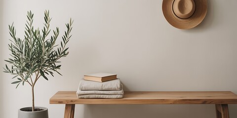 Interior with Wooden Bench and Potted Olive Tree