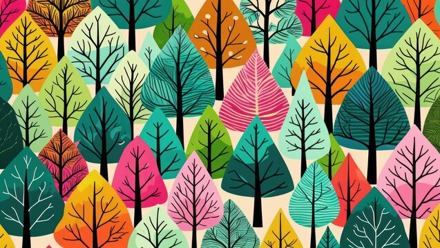 A vibrant and colorful graphic pattern of stylized trees in various shades, creating a cheerful and whimsical forest scene.